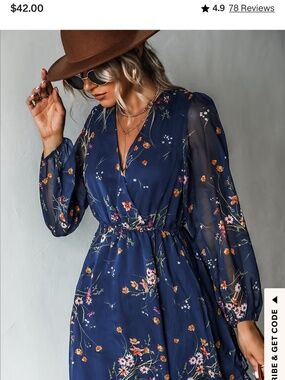 Navy Blue Floral Long Sleeve Chiffon Dress
